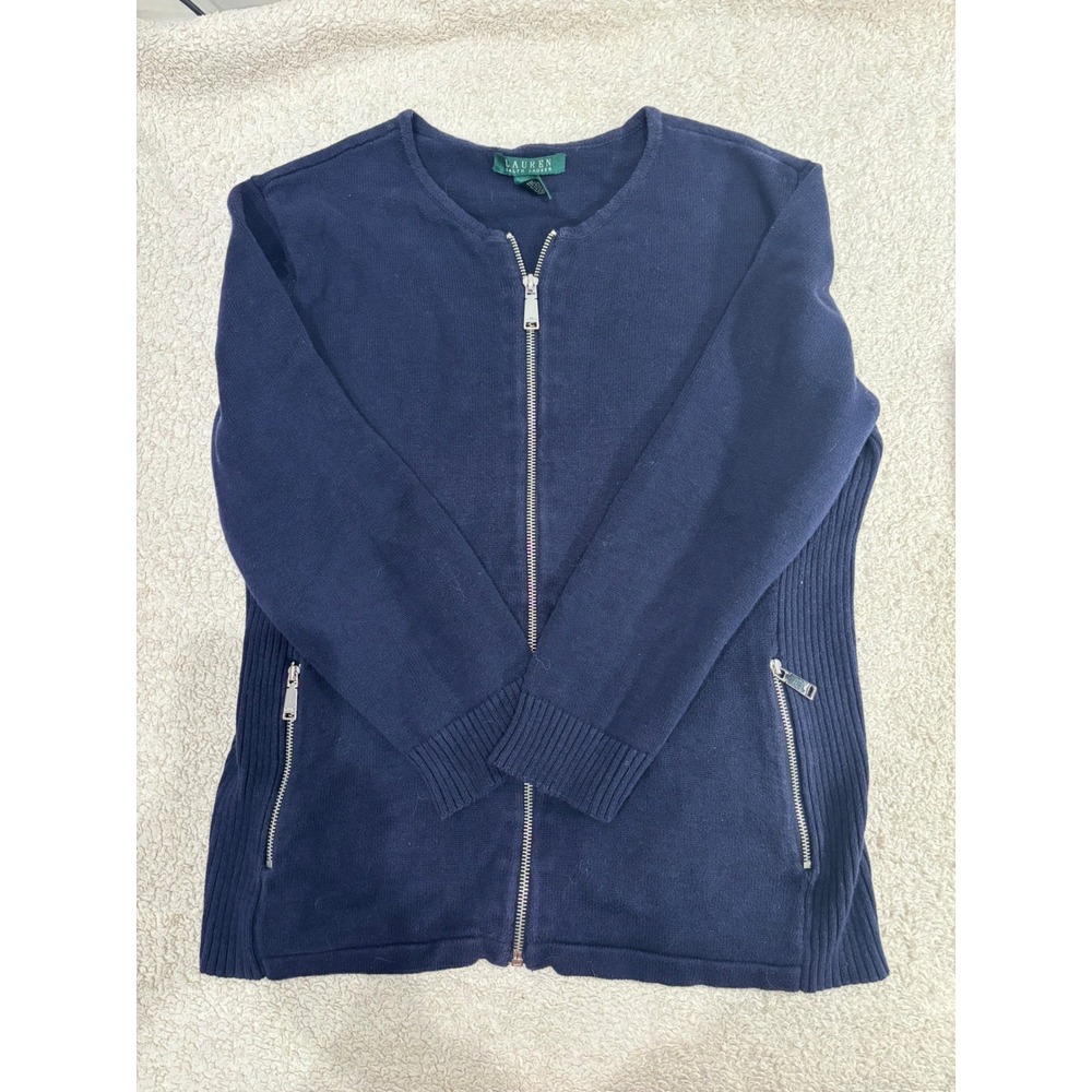 Lauren Ralph Lauren Navy Blue Full Zip Cotton Cardigan Sweater Ribbed Side Panel